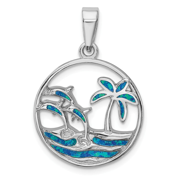 Million Charms 925 Sterling Silver Rhodium-Plated Blue Created Opal Dolphins Pendant