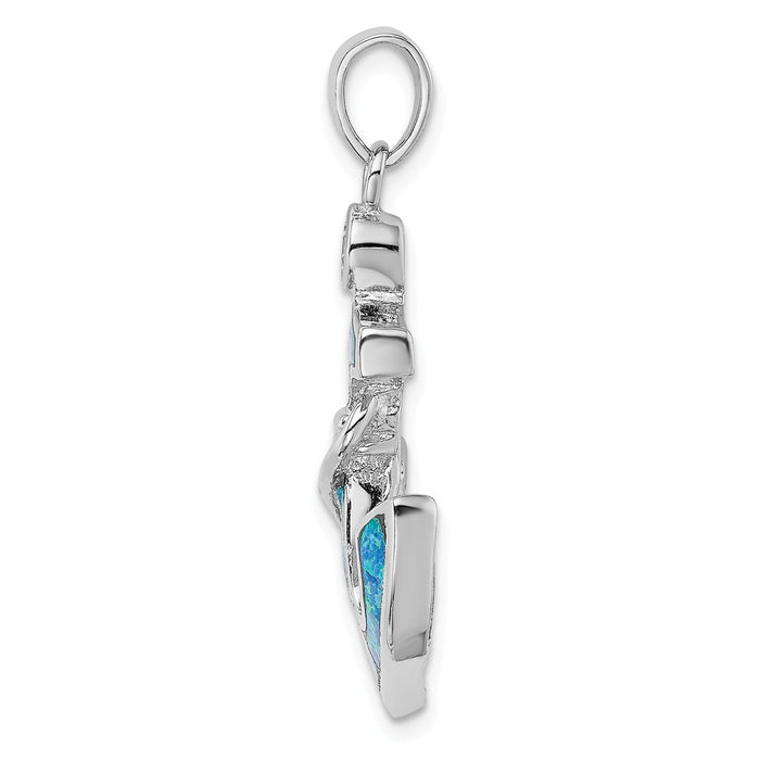 Million Charms 925 Sterling Silver Rhodium-Plated Blue Created Opal & (Cubic Zirconia) CZ Nautical Anchor Pendant
