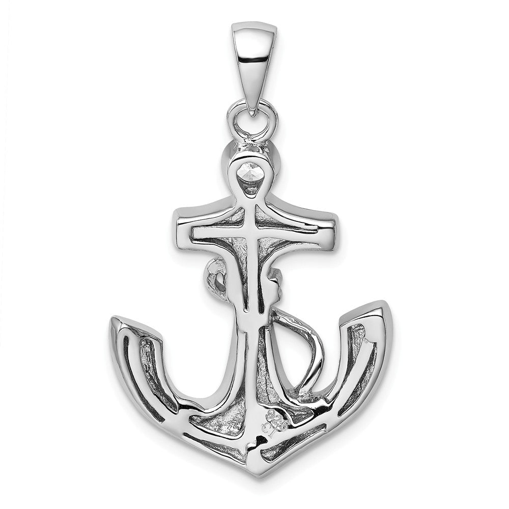 Million Charms 925 Sterling Silver Rhodium-Plated Blue Created Opal & (Cubic Zirconia) CZ Nautical Anchor Pendant