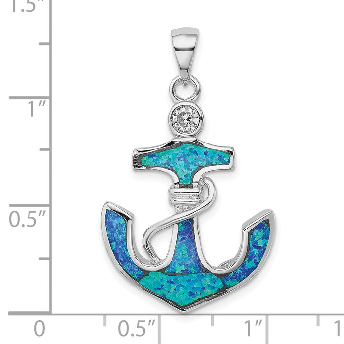 Million Charms 925 Sterling Silver Rhodium-Plated Blue Created Opal & (Cubic Zirconia) CZ Nautical Anchor Pendant