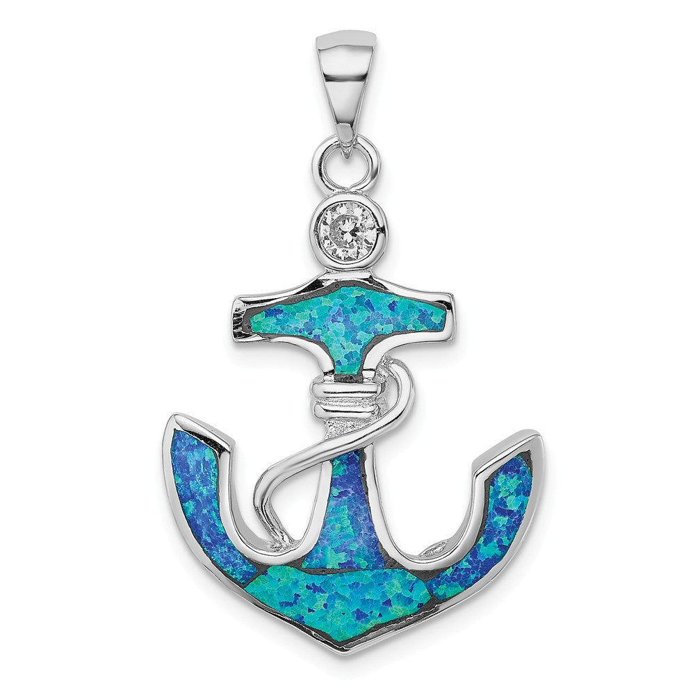 Million Charms 925 Sterling Silver Rhodium-Plated Blue Created Opal & (Cubic Zirconia) CZ Nautical Anchor Pendant