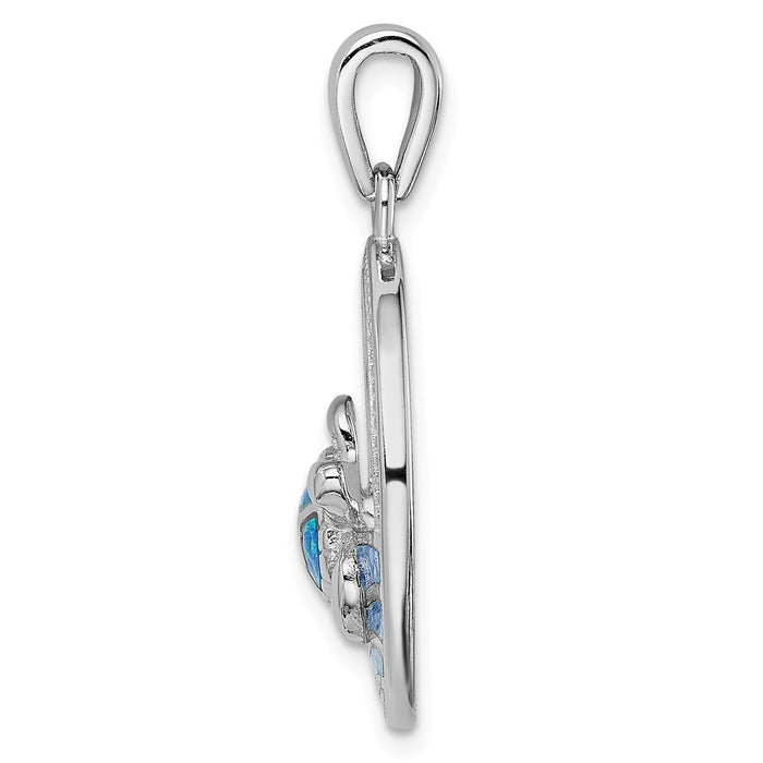 Million Charms 925 Sterling Silver Rhodium-Plated Blue Inlay Created Opal Turtle Pendant