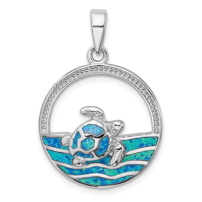 Million Charms 925 Sterling Silver Rhodium-Plated Blue Inlay Created Opal Turtle Pendant
