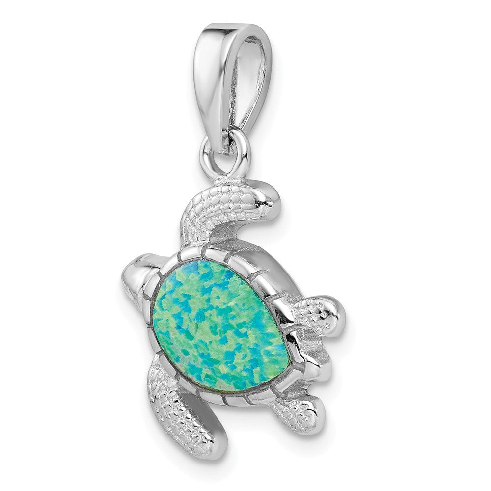 Million Charms 925 Sterling Silver Rhodium-Plated Green Inlay Created Opal Turtle Pendant
