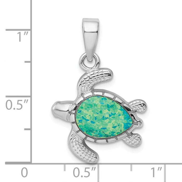 Million Charms 925 Sterling Silver Rhodium-Plated Green Inlay Created Opal Turtle Pendant