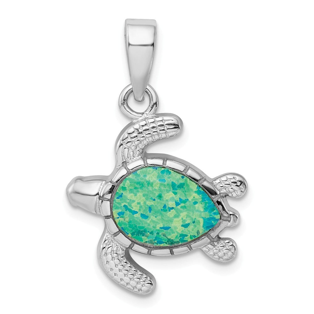 Million Charms 925 Sterling Silver Rhodium-Plated Green Inlay Created Opal Turtle Pendant