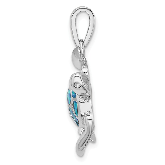 Million Charms 925 Sterling Silver Rhodium-Plated Blue Inlay Created Opal Turtle Pendant