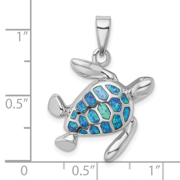 Million Charms 925 Sterling Silver Rhodium-Plated Blue Inlay Created Opal Turtle Pendant