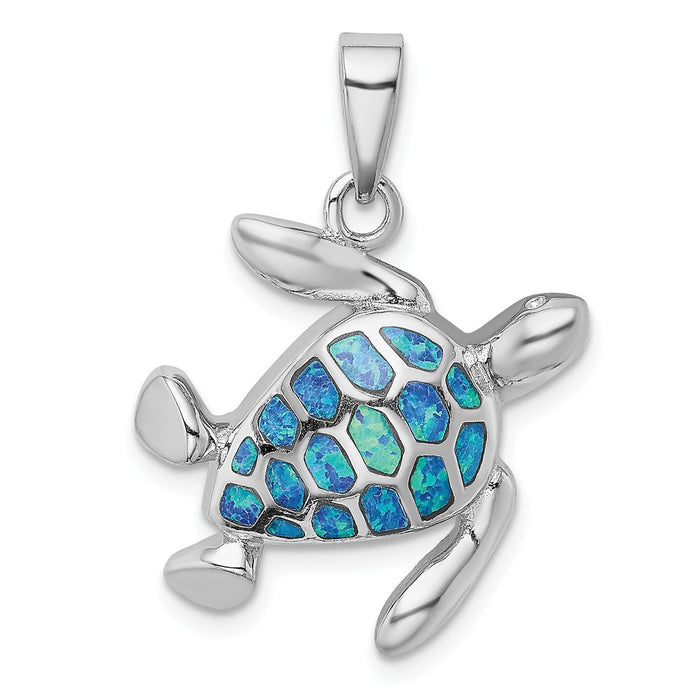 Million Charms 925 Sterling Silver Rhodium-Plated Blue Inlay Created Opal Turtle Pendant