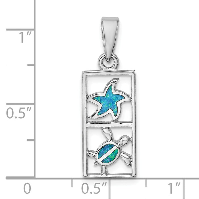 Million Charms 925 Sterling Silver Rhodium-Plated Blue Created Opal Nautical Starfish Turtle Pendant