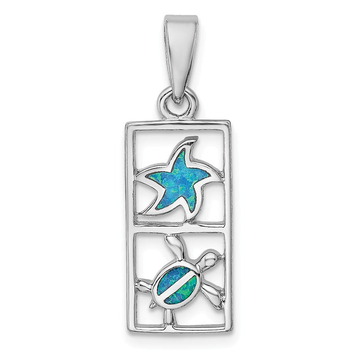 Million Charms 925 Sterling Silver Rhodium-Plated Blue Created Opal Nautical Starfish Turtle Pendant