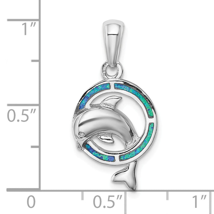 Million Charms 925 Sterling Silver Rhodium-Plated Blue Inlay Created Opal Dolphin Pendant