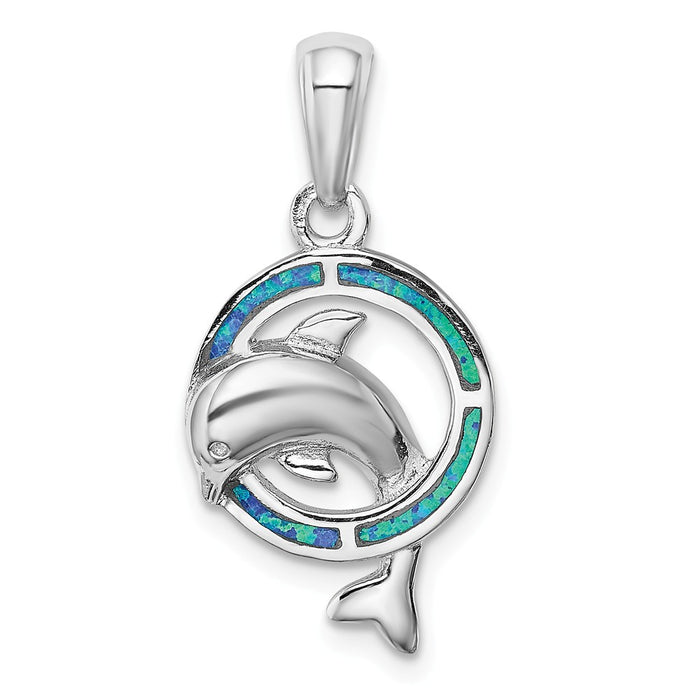 Million Charms 925 Sterling Silver Rhodium-Plated Blue Inlay Created Opal Dolphin Pendant