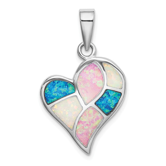 Million Charms 925 Sterling Silver Rhodium-Plated Created Opal Polished Heart Pendant