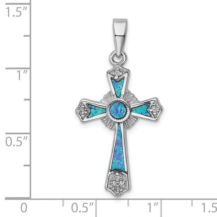 Million Charms 925 Sterling Silver Rhodium-Plated (Cubic Zirconia) CZ & Created Opal Relgious Cross Pendant