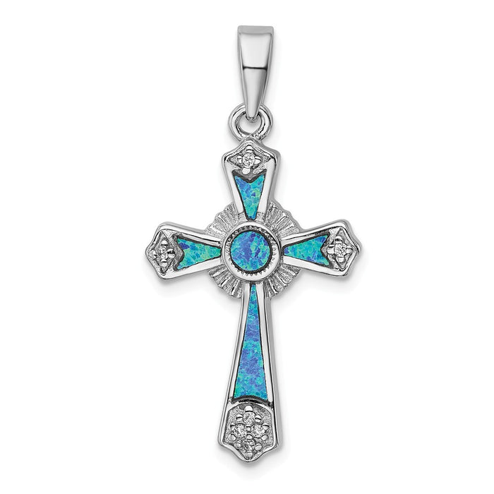 Million Charms 925 Sterling Silver Rhodium-Plated (Cubic Zirconia) CZ & Created Opal Relgious Cross Pendant