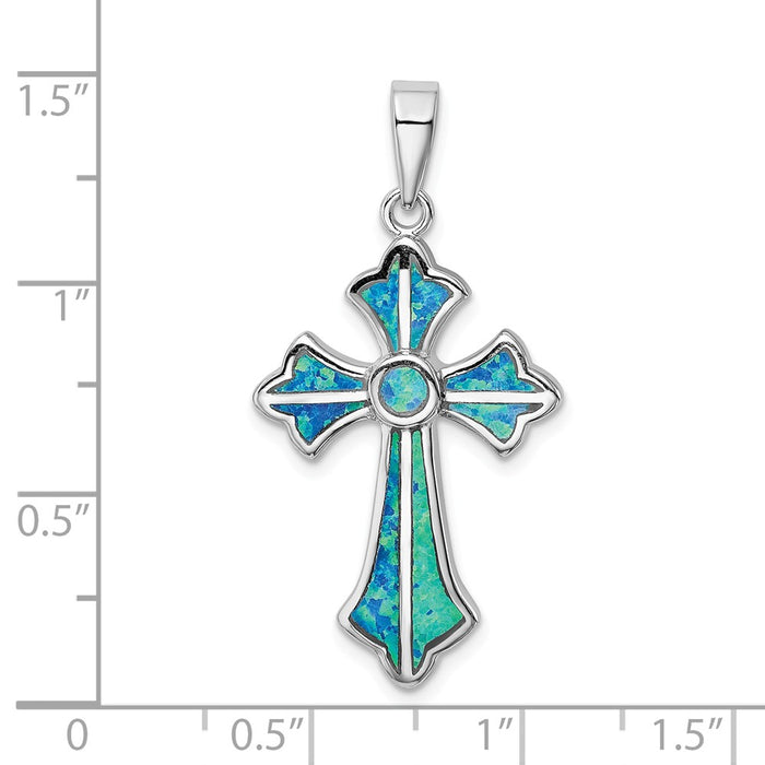 Million Charms 925 Sterling Silver Rhodium-Plated Blue Inlay Created Opal Relgious Cross Pendant