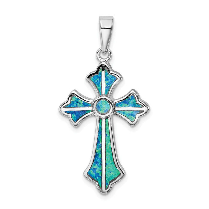 Million Charms 925 Sterling Silver Rhodium-Plated Blue Inlay Created Opal Relgious Cross Pendant