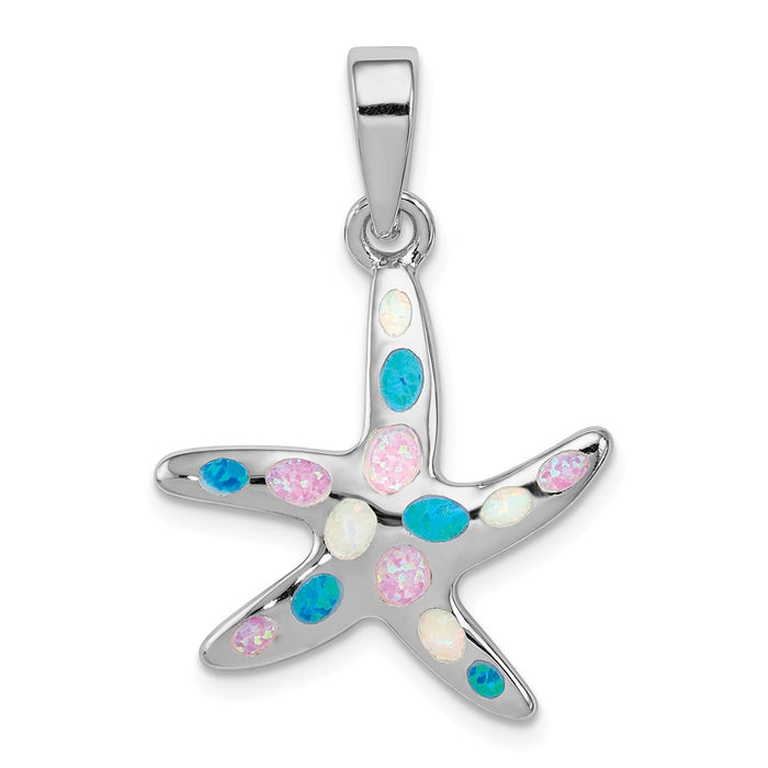 Million Charms 925 Sterling Silver Rhodium-Plated Created Opal Nautical Starfish Pendant