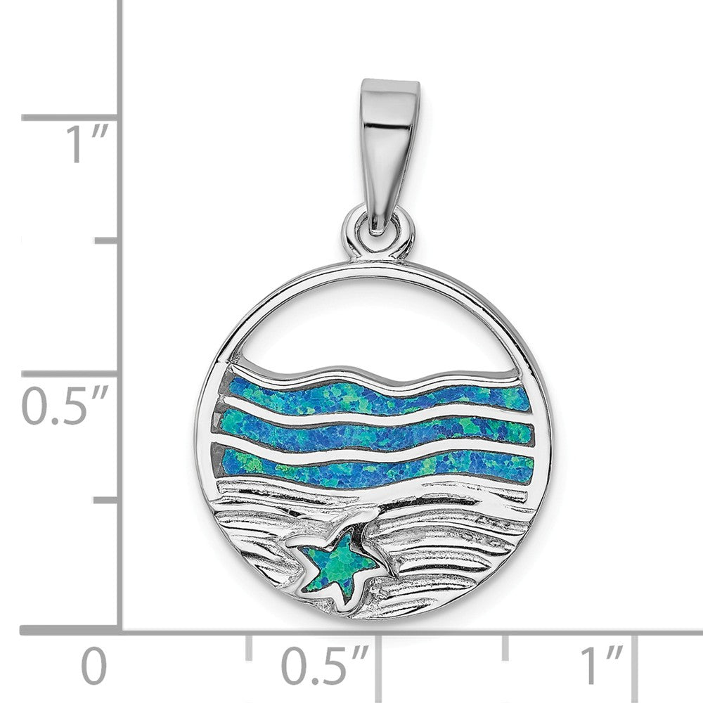 Million Charms 925 Sterling Silver Rhodium-Plated Blue Created Opal Nautical Starfish Ocean Pendant