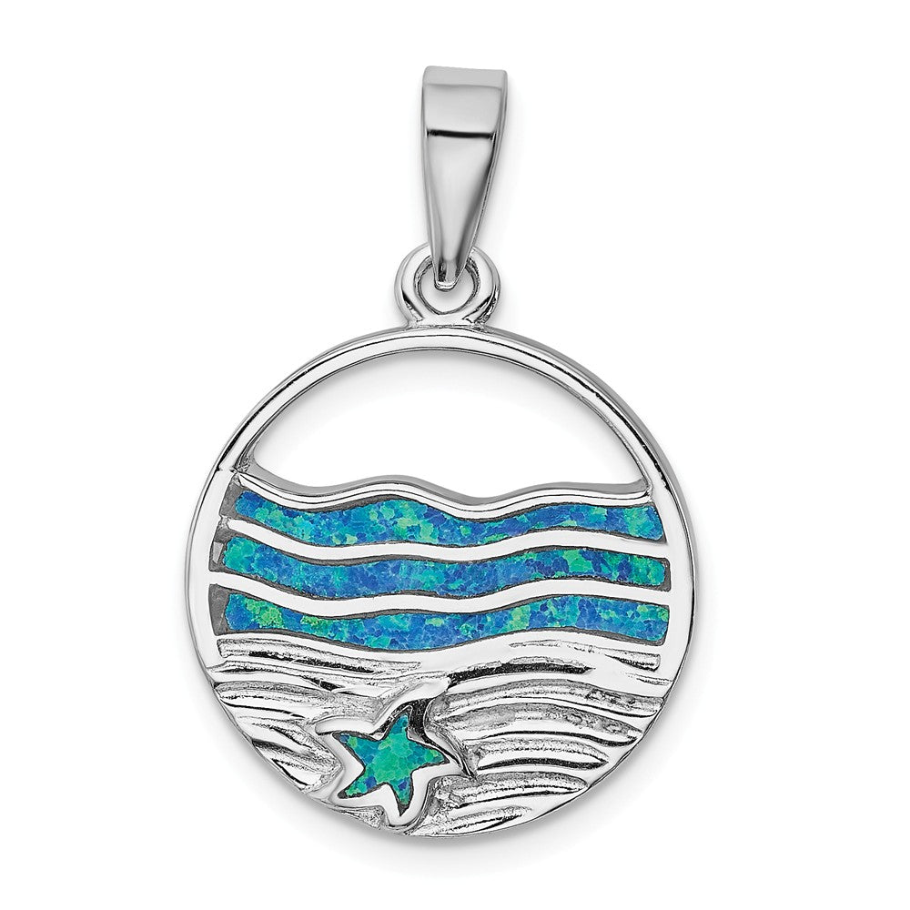 Million Charms 925 Sterling Silver Rhodium-Plated Blue Created Opal Nautical Starfish Ocean Pendant