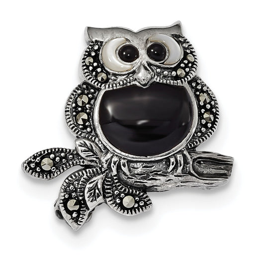 925 Sterling Silver Antiqued Marcasite/Mother of Pearl/Black Agate Owl Pin