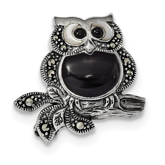 925 Sterling Silver Antiqued Marcasite/Mother of Pearl/Black Agate Owl Pin