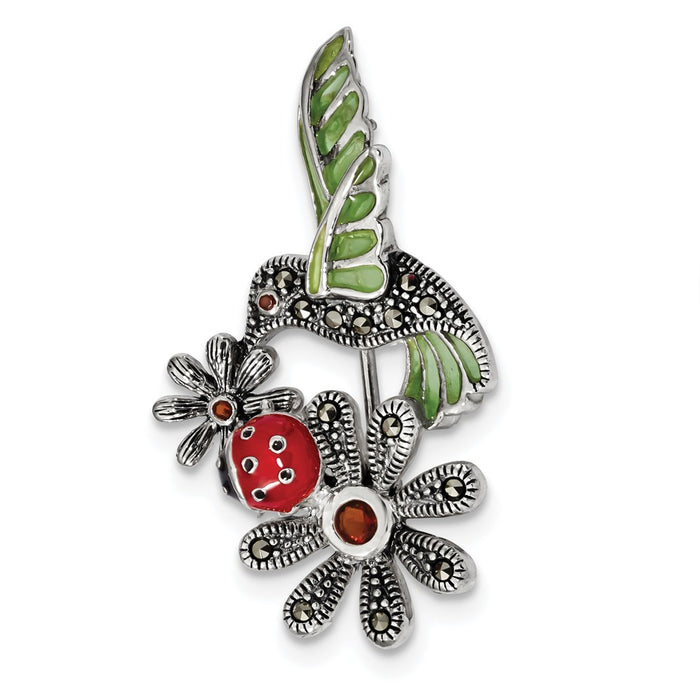 925 Sterling Silver Antiqued Epoxy/Marcasite/Red Glass Ladybug Flower Pin