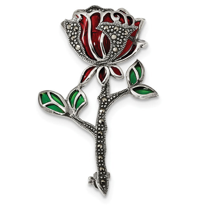 925 Sterling Silver Antiqued Red & Green Epoxy Marcasite Flower Pin