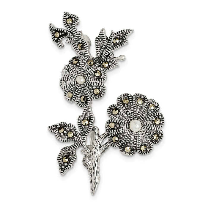 925 Sterling Silver Antiqued Marcasite & Acrylic Pearl Flowers Pin