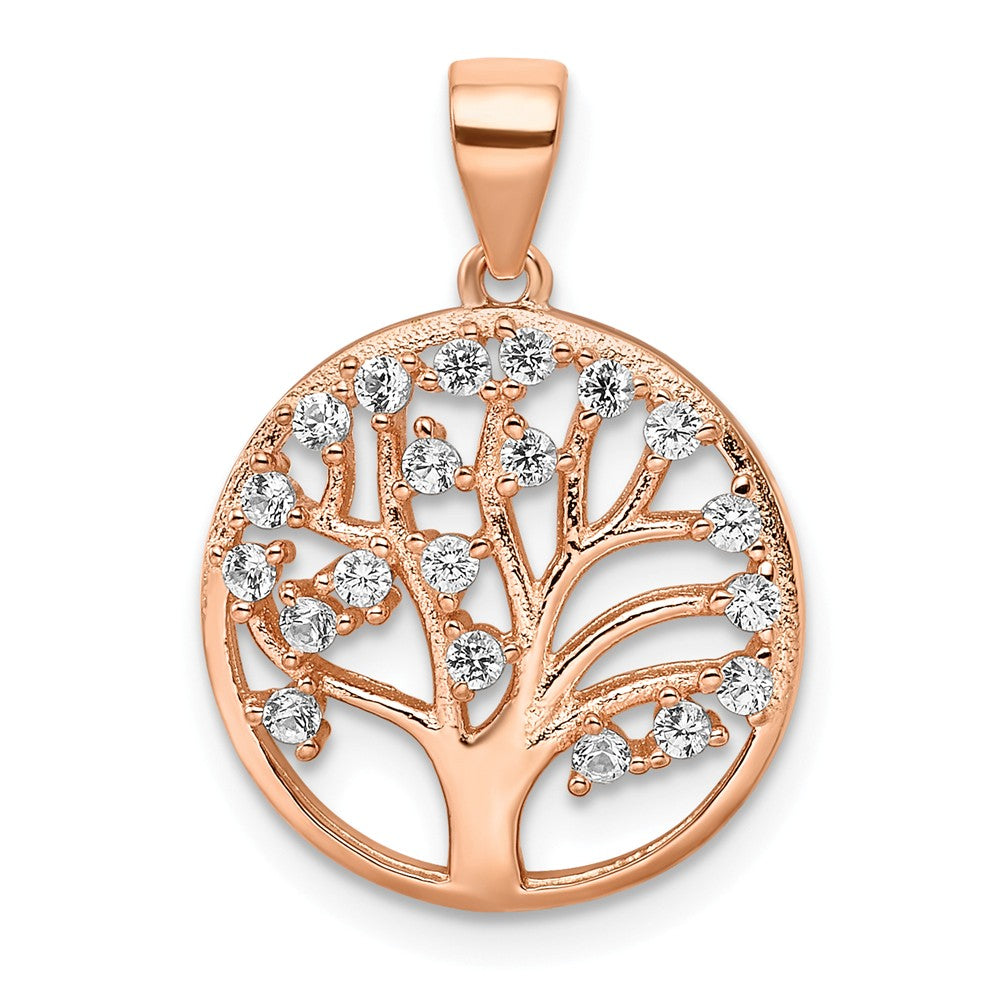 Million Charms 925 Sterling Silver Rose-Tone Created White Sapphire Tree Of Life Pendant