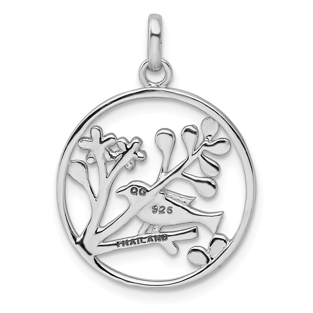 Million Charms 925 Sterling Silver Rhodium-Plated Polished Bird, Flowers Pendant