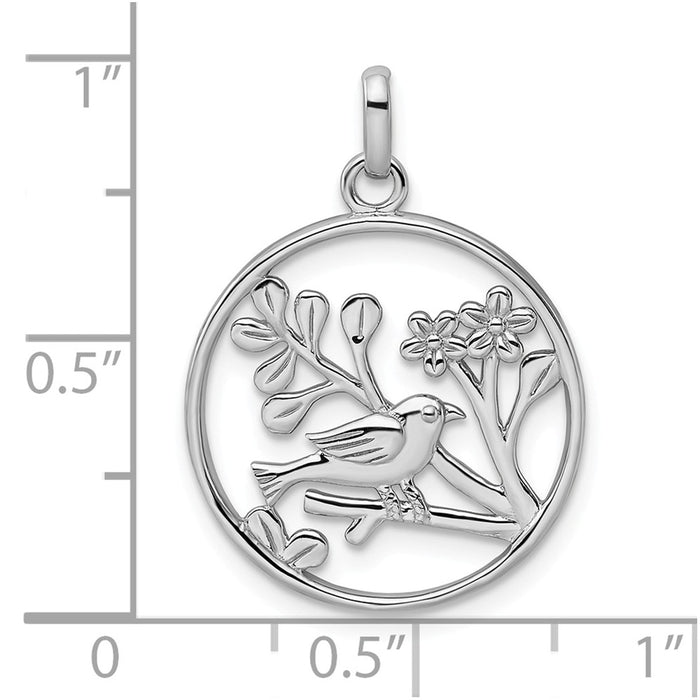 Million Charms 925 Sterling Silver Rhodium-Plated Polished Bird, Flowers Pendant