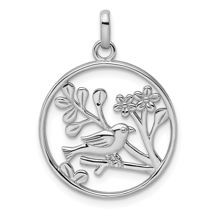 Million Charms 925 Sterling Silver Rhodium-Plated Polished Bird, Flowers Pendant