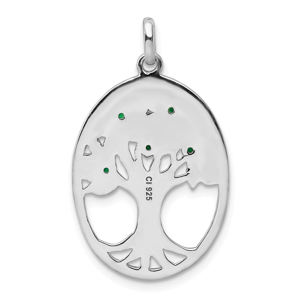 Million Charms 925 Sterling Silver Rhodium-Plated Green Glass Buds Oval Tree Pendant
