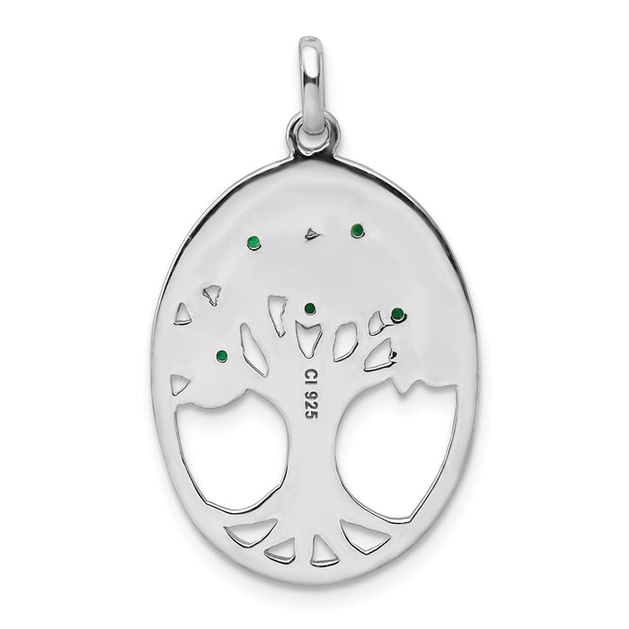 Million Charms 925 Sterling Silver Rhodium-Plated Green Glass Buds Oval Tree Pendant