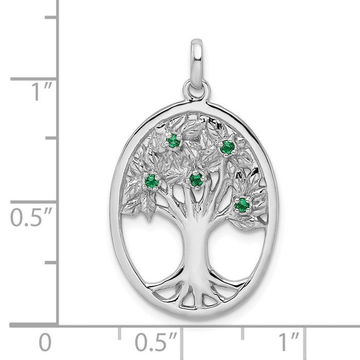 Million Charms 925 Sterling Silver Rhodium-Plated Green Glass Buds Oval Tree Pendant