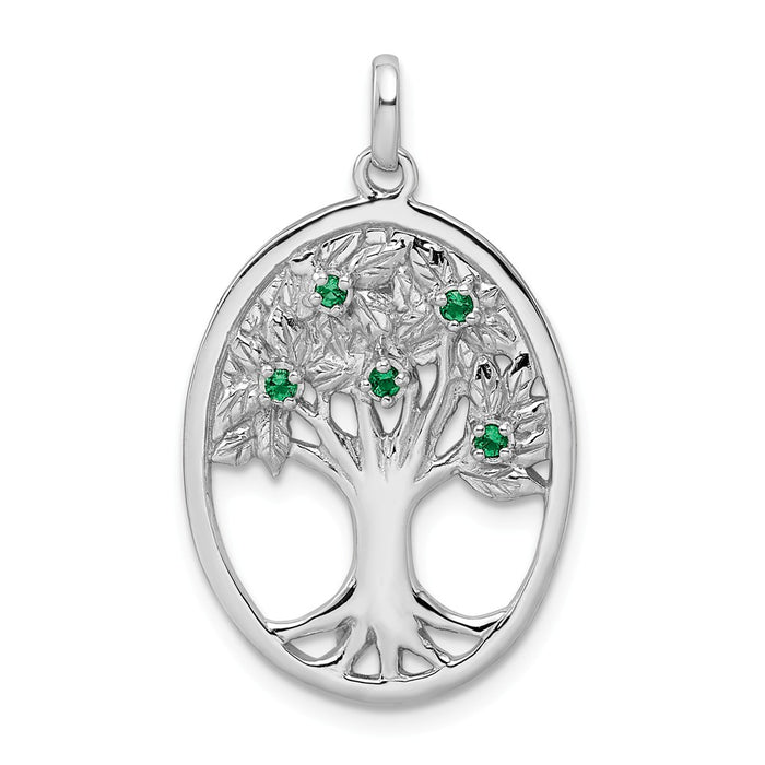 Million Charms 925 Sterling Silver Rhodium-Plated Green Glass Buds Oval Tree Pendant