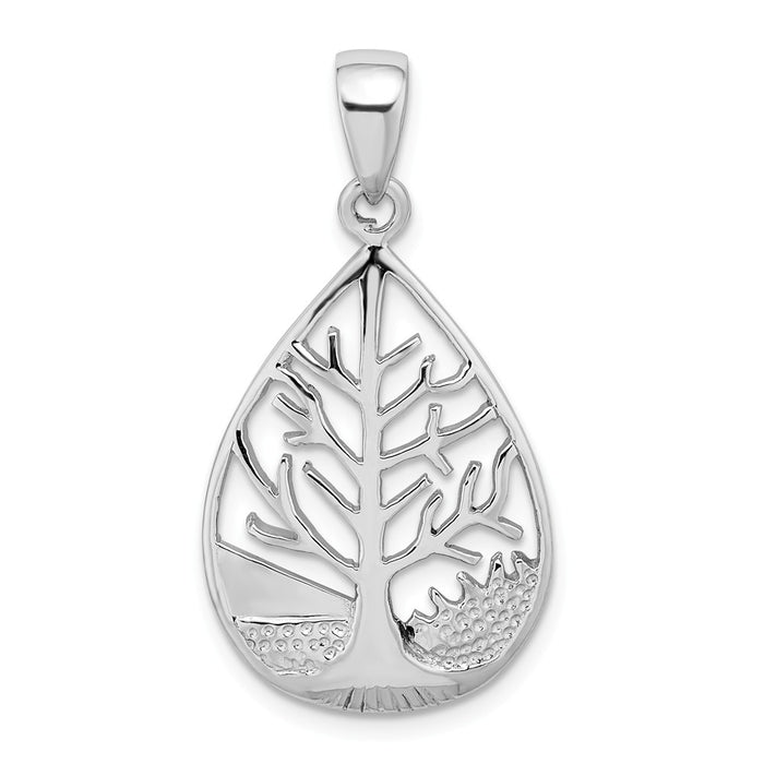 Million Charms 925 Sterling Silver Rhodium-Plated Polished Tree Teardrop Pendant