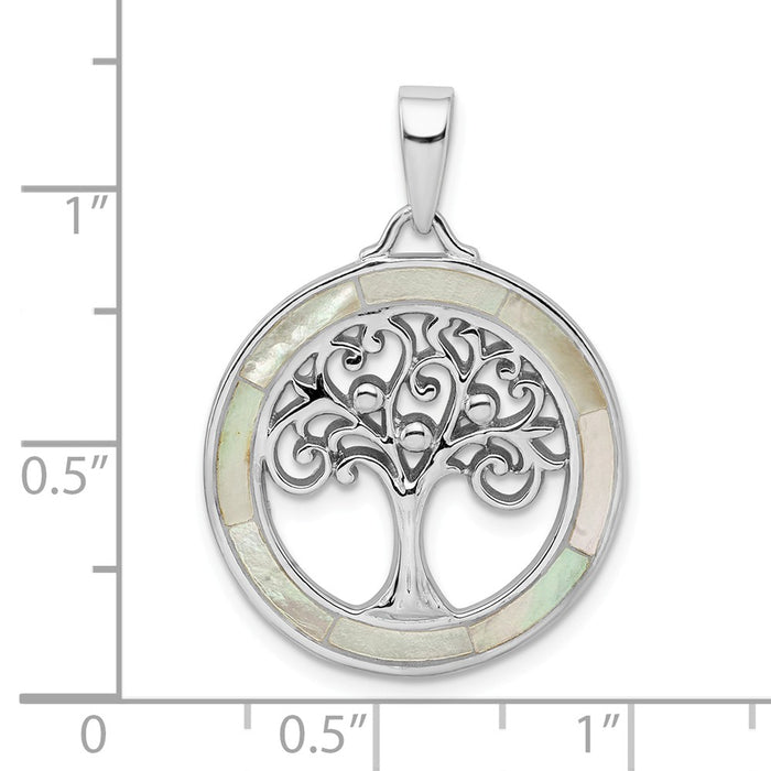 Million Charms 925 Sterling Silver Rhodium-Plated White Mop Tree Of Life Pendant