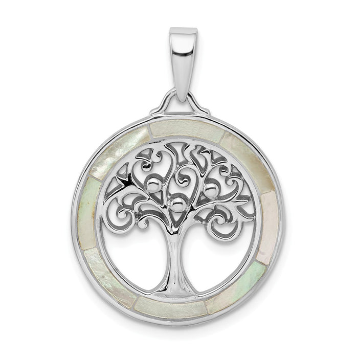 Million Charms 925 Sterling Silver Rhodium-Plated White Mop Tree Of Life Pendant