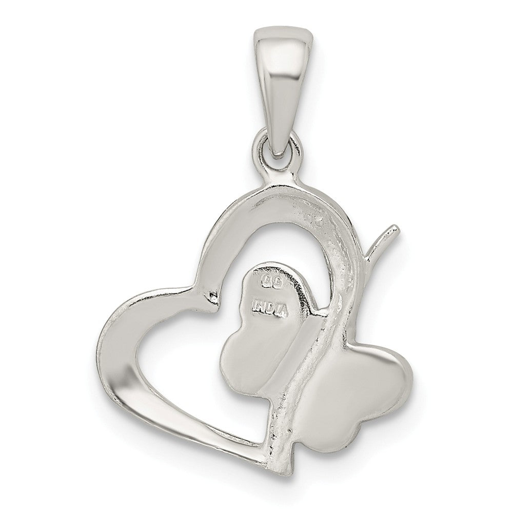 Million Charms 925 Sterling Silver Polished Glitter Enamel Heart With Butterfly Pendant