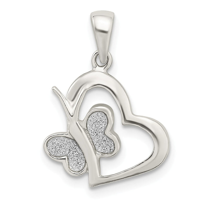 Million Charms 925 Sterling Silver Polished Glitter Enamel Heart With Butterfly Pendant