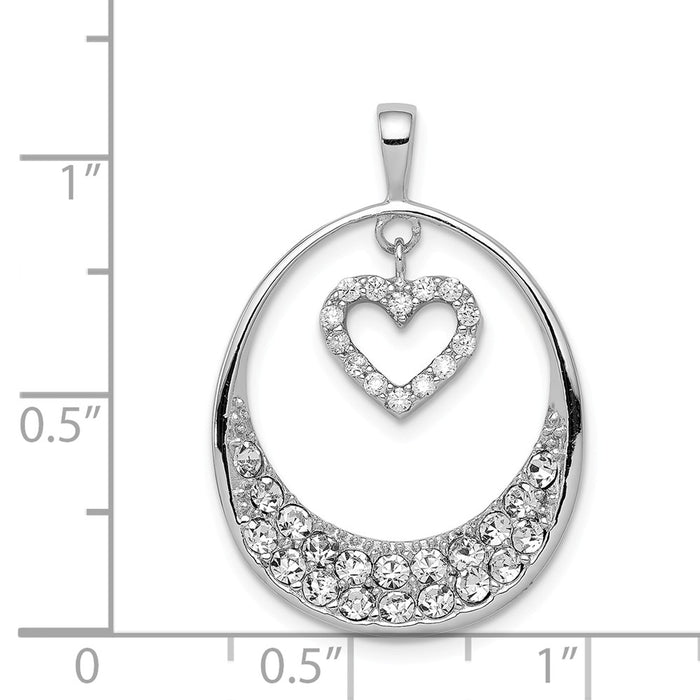 Million Charms 925 Sterling Silver Rhodium-Plated (Cubic Zirconia) CZ Oval With Dangle Heart Pendant