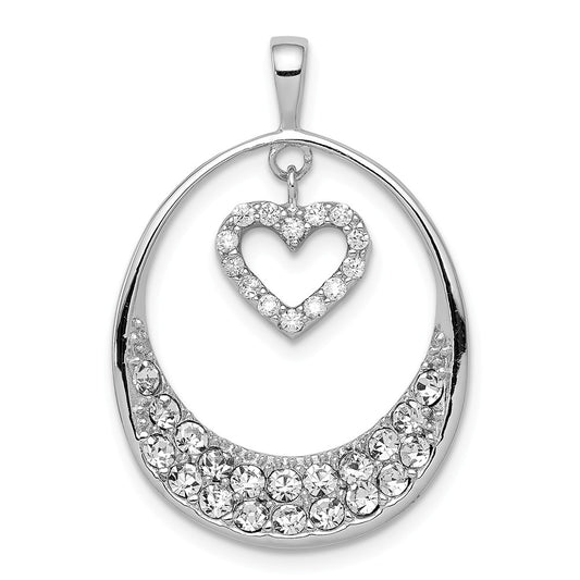 Million Charms 925 Sterling Silver Rhodium-Plated (Cubic Zirconia) CZ Oval With Dangle Heart Pendant