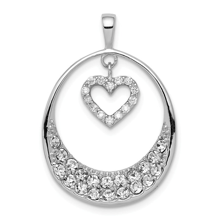 Million Charms 925 Sterling Silver Rhodium-Plated (Cubic Zirconia) CZ Oval With Dangle Heart Pendant