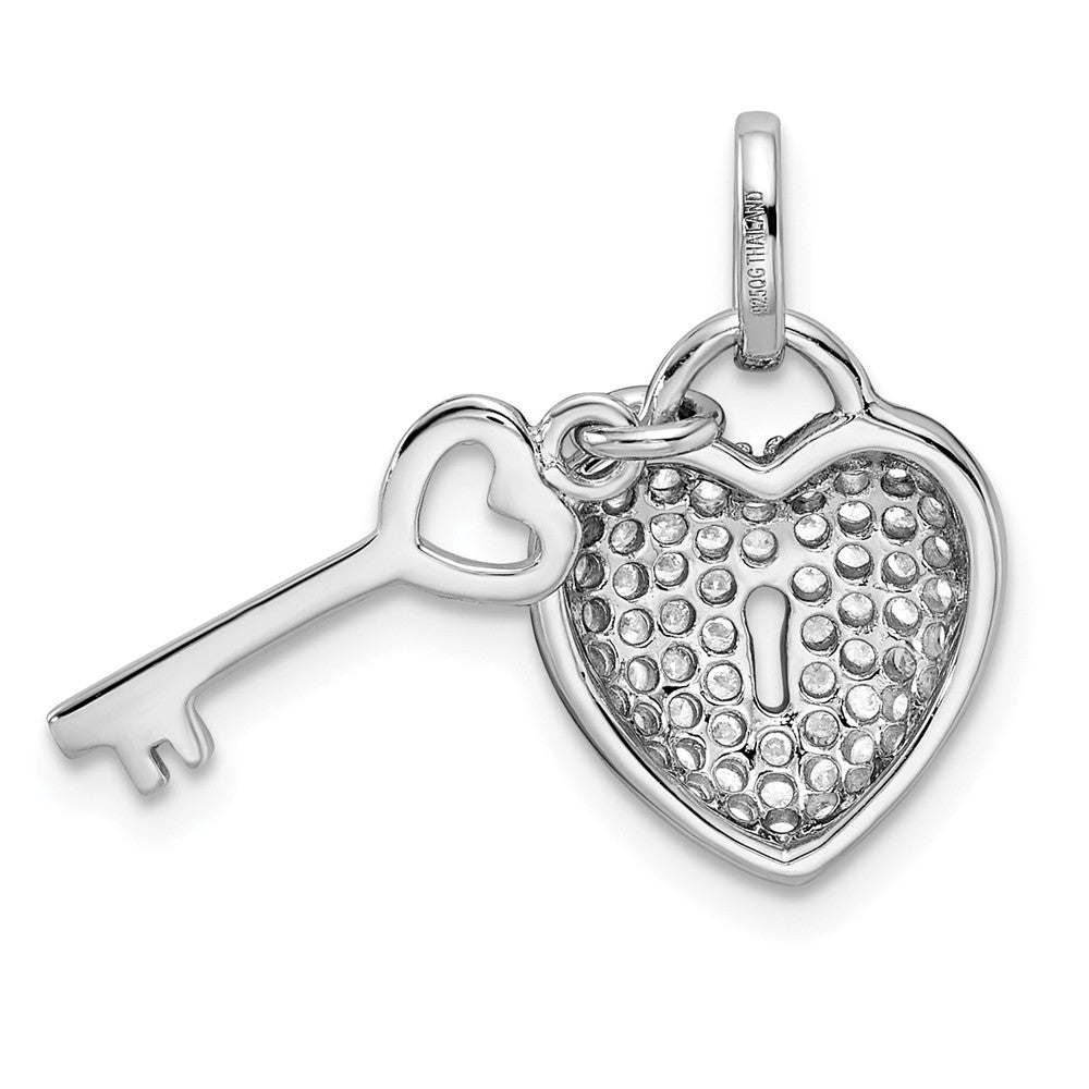 Million Charms 925 Sterling Silver Rhodium-Plated (Cubic Zirconia) CZ Heart Lock & Key Pendant
