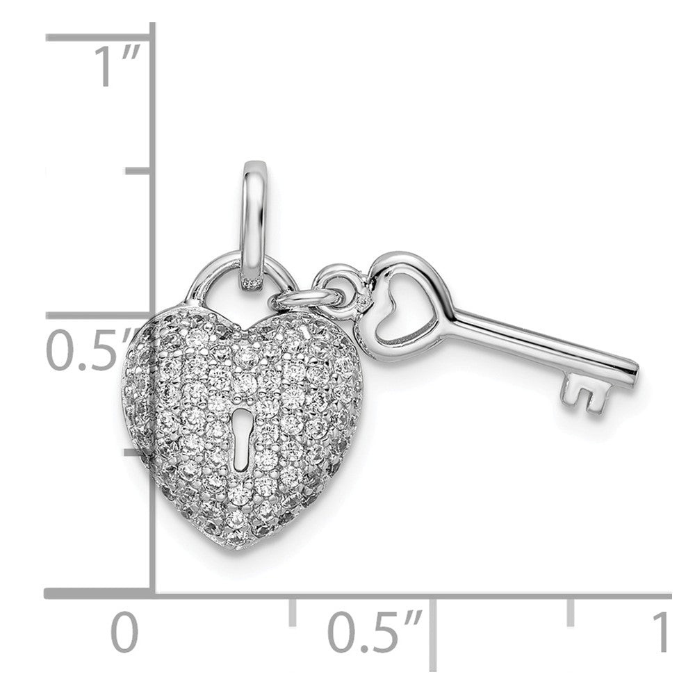 Million Charms 925 Sterling Silver Rhodium-Plated (Cubic Zirconia) CZ Heart Lock & Key Pendant