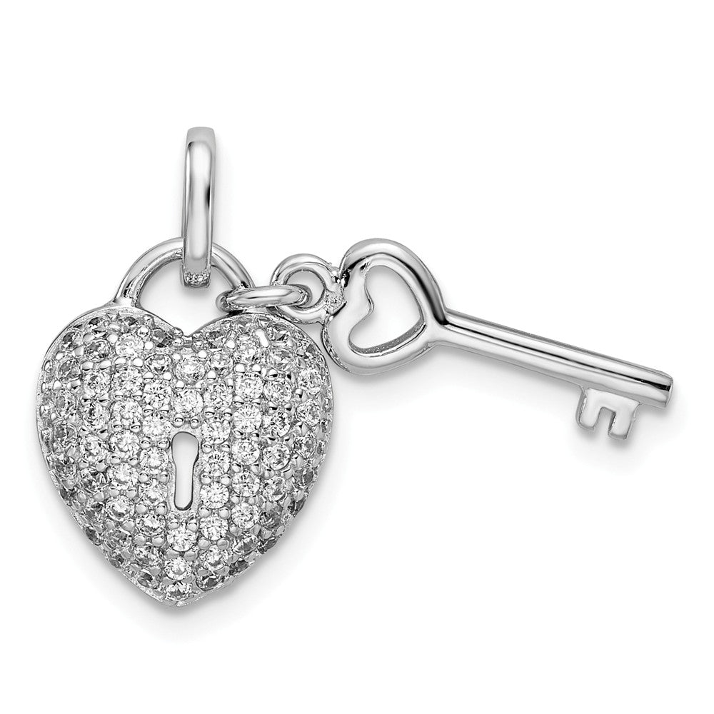 Million Charms 925 Sterling Silver Rhodium-Plated (Cubic Zirconia) CZ Heart Lock & Key Pendant
