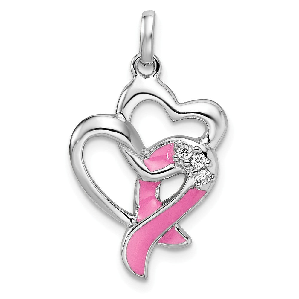 Million Charms 925 Sterling Silver Rhodium-Plated Enamel (Cubic Zirconia) CZ Ribbon Heart Pendant